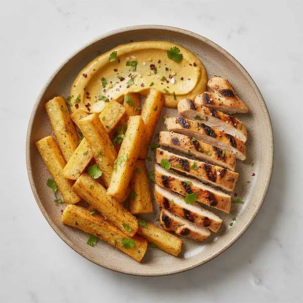Andean Grilled Chicken with Herb-Roasted Cassava & Annatto-Avocado Crema